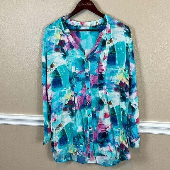 Soft Surroundings Women Top Sz L Blouse Button Up Watercolor Modern Blue Pink R3 - Picture 4 of 12